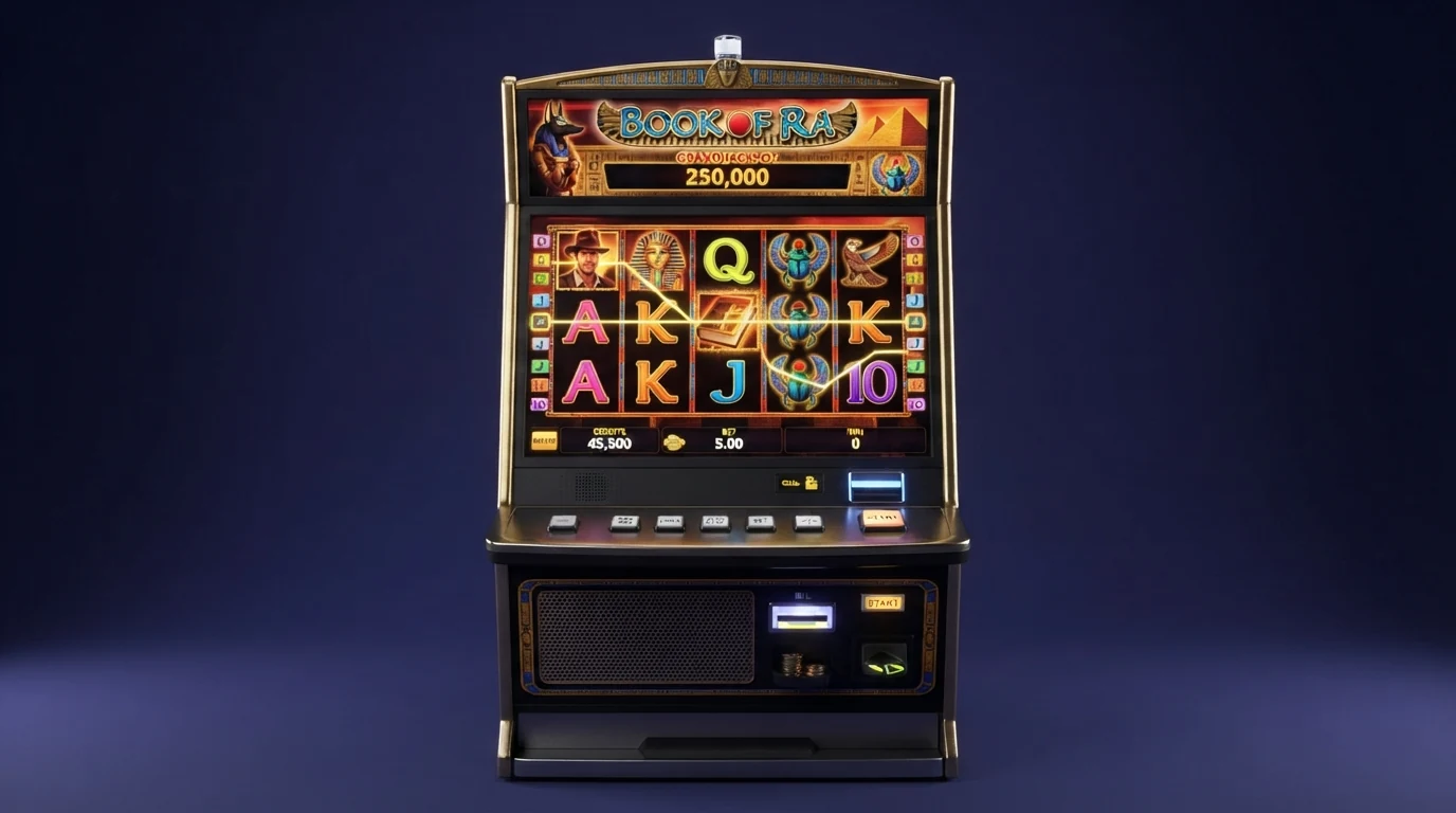 Der Spielautomat Book of Dead von Play'n GO auf einem Bildschirm, fünf Walzen mit ägyptischen Symbolen