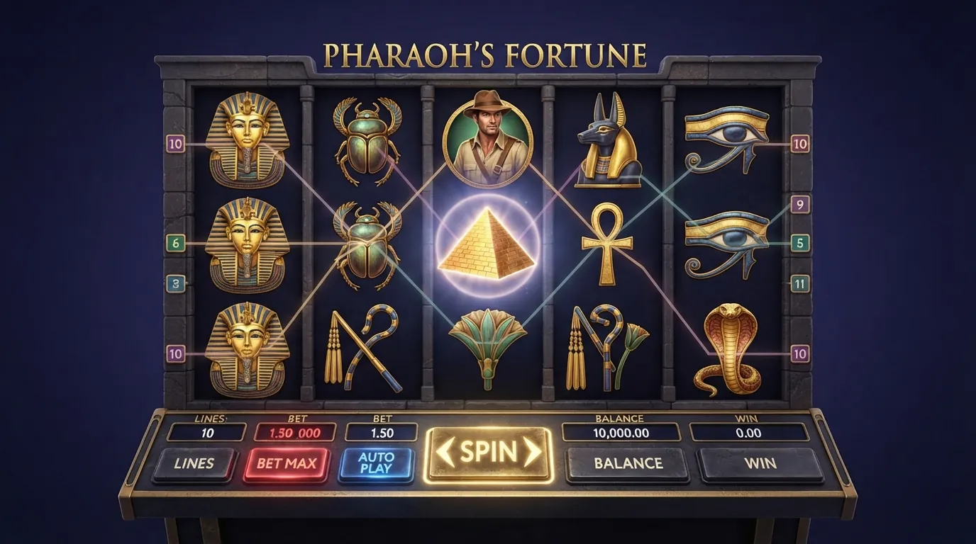 Das Spielfeld von Book of Ra Deluxe mit fünf Walzen, zehn Gewinnlinien und dem Buch als zentralem Bonussymbol