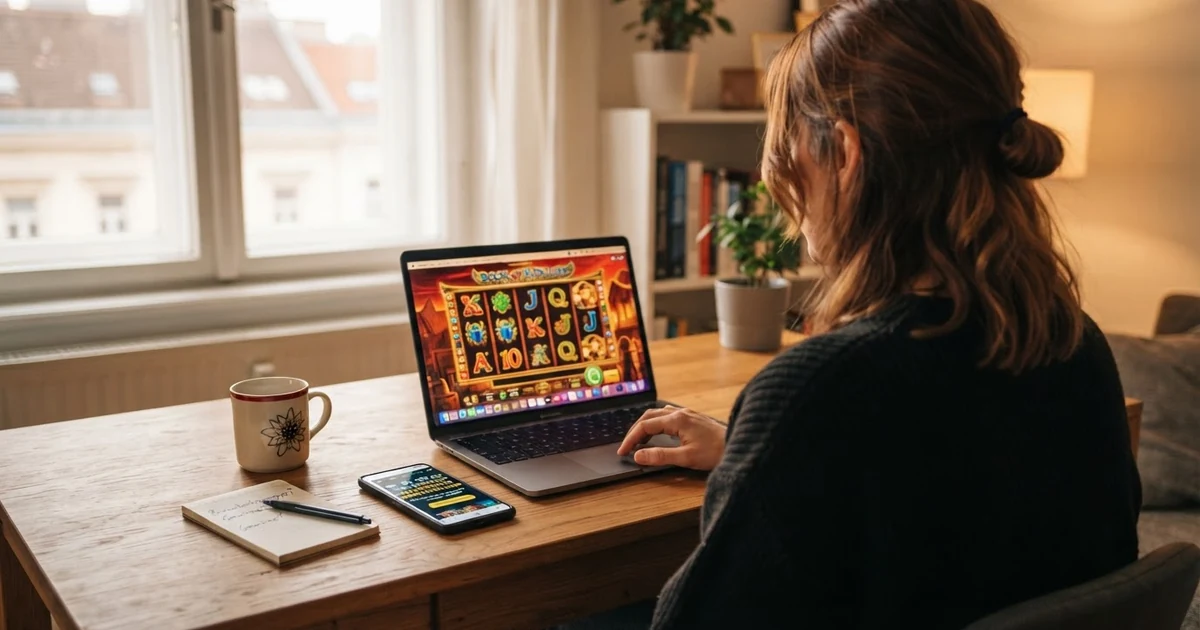 Eine Person an einem Laptop mit einer geöffneten Online-Casino-Website, auf der Freispiele als Bonus beworben werden, daneben ein Smartphone mit einer Casino-App