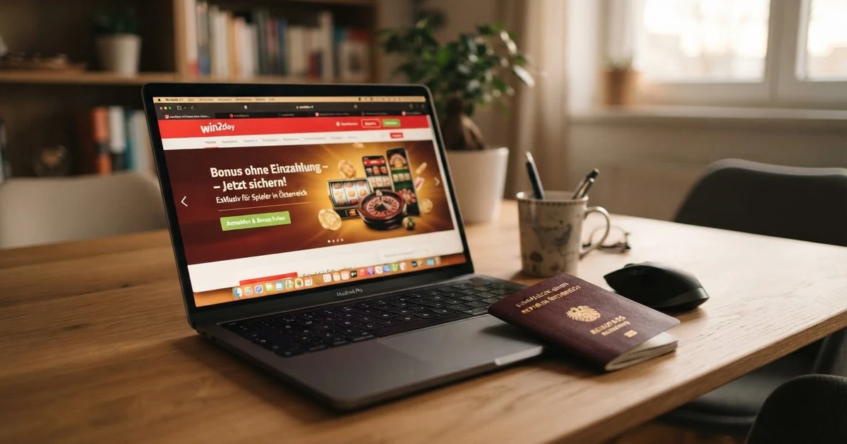Ein geöffneter Laptop zeigt eine Casino-Startseite mit einem „Bonus ohne Einzahlung“-Banner, daneben liegt ein österreichischer Reisepass