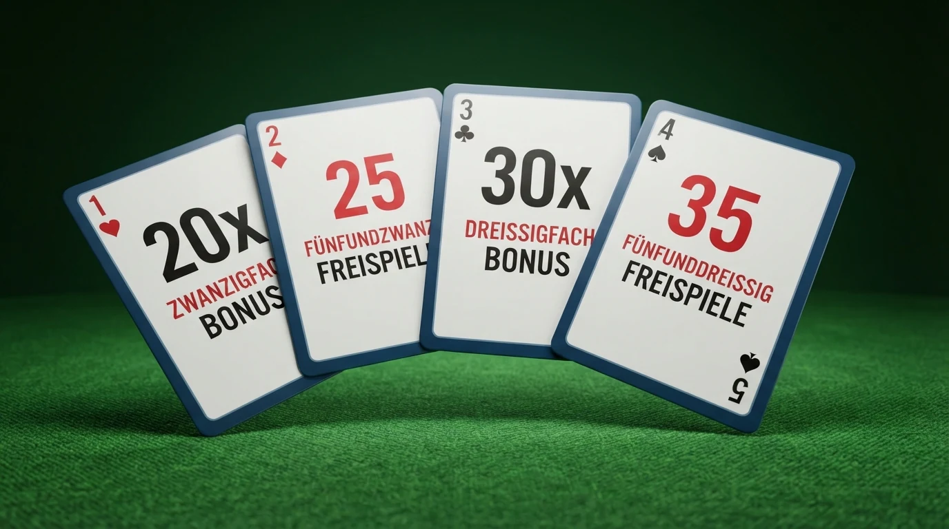 Fünf Spielkarten mit unterschiedlichen Bonus-Prozentsätzen und Freispiel-Zahlen, fächerförmig auf grünem Filz ausgelegt, die Zahlen von 20x bis 35x in der unteren Kartenecke.