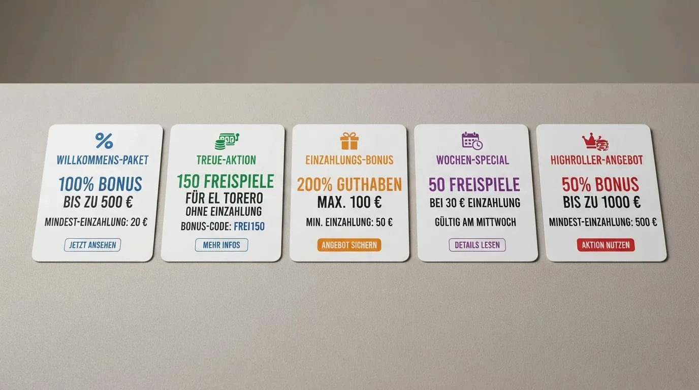 Eine Übersicht mit Casino-Logos nebeneinander, daneben farblich abgesetzte Bonus-Prozentsätze, Freispiel-Zahlen und Lizenz-Kürzel im Direktvergleich