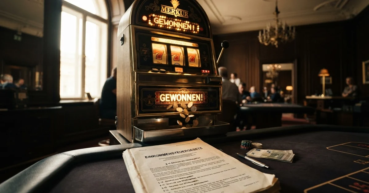 Ein Spielautomat mit leuchtenden Gewinnsymbolen in einer österreichischen Spielbank, im Vordergrund ein Dokument mit dem Titel „Einkommensteuergesetz“