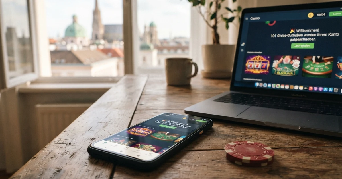 Ein geöffneter Laptop zeigt eine Online-Casino-Startseite, daneben liegt ein Smartphone mit einer Bonus-Benachrichtigung auf dem Bildschirm — im Hintergrund eine österreichische Stadtkulisse