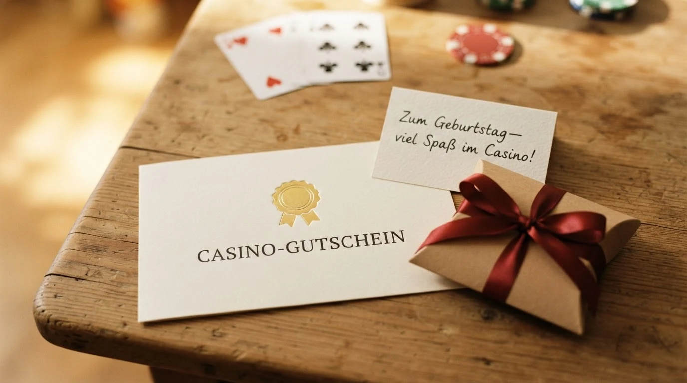 Ein liebevoll verpackter, personalisierter Casino-Gutschein mit Spielkarten-Motiv auf einem Geschenktisch.