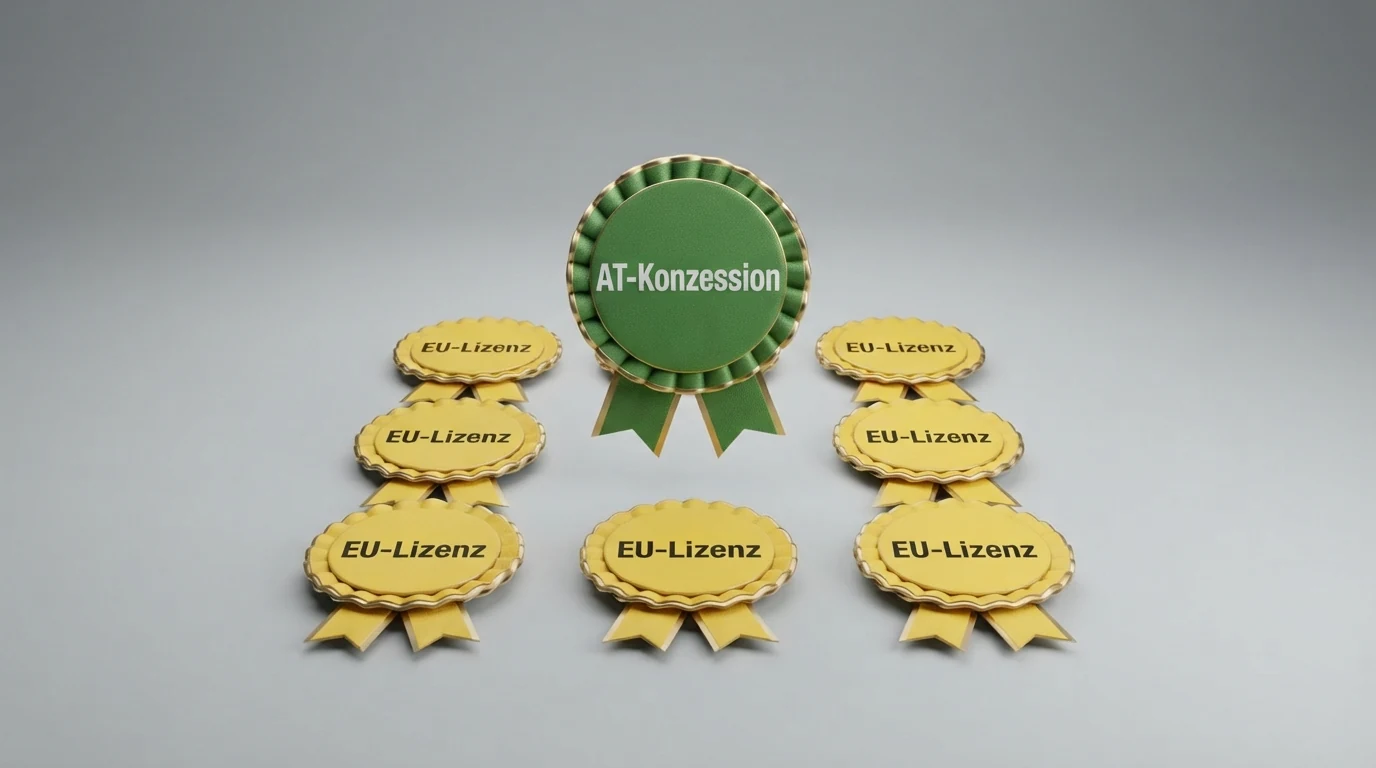 Eine tabellarische Gegenüberstellung zeigt nebeneinander die Logos von zehn Online-Casinos mit farblich markierten Lizenzstatus-Angaben — grün für die österreichische Konzession, gelb für EU-Lizenzen.