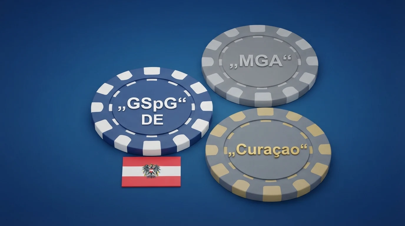Drei nebeneinander liegende Casino-Chips mit den Aufschriften „GSpG“, „MGA“ und „Curaçao“ — der GSpG-Chip liegt auf einer österreichischen Flagge