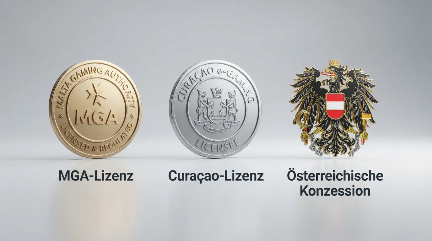 MGA-Lizenzsiegel und Curaçao-Lizenzsiegel nebeneinander, mit dem österreichischen Bundeswappen als Referenz für die AT-Konzession