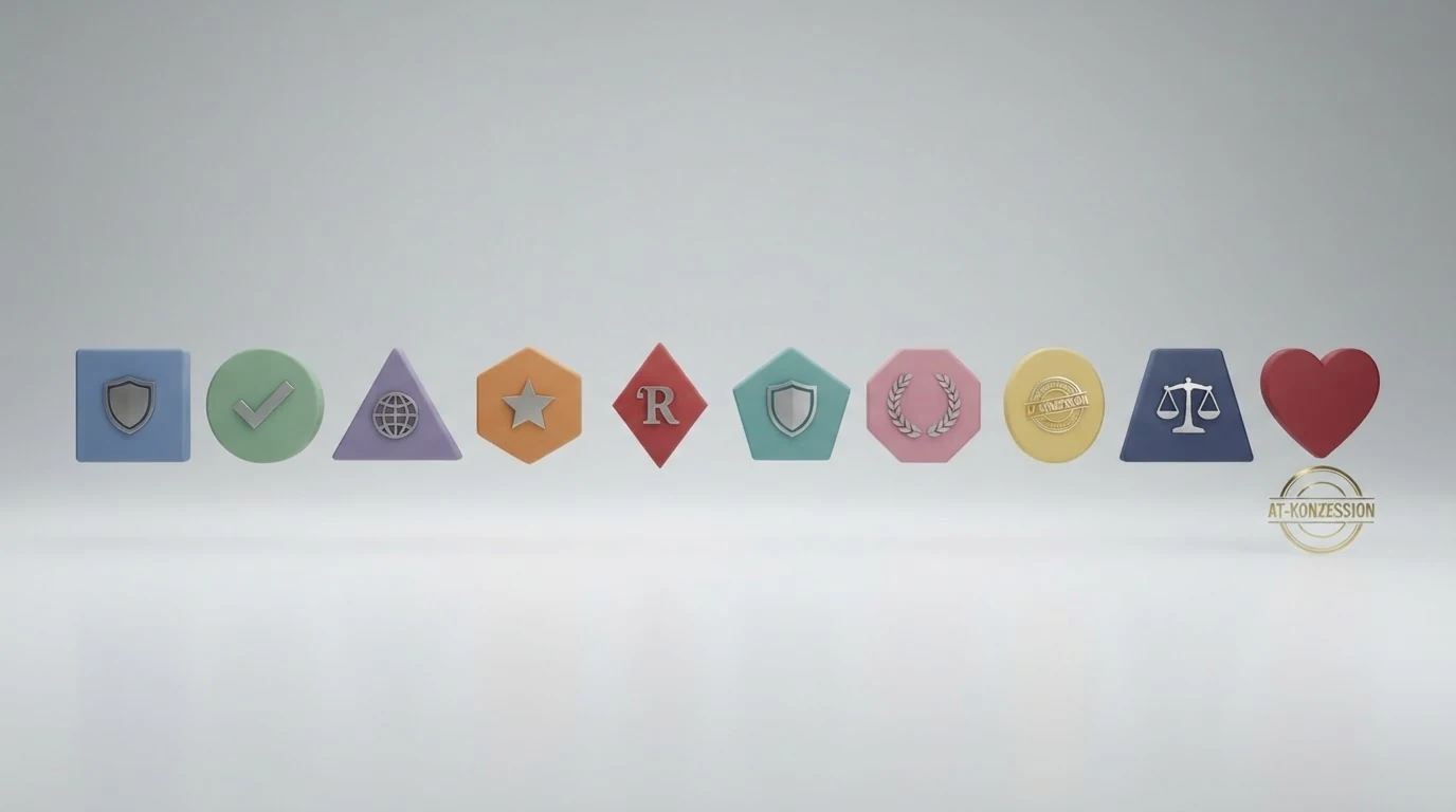 Eine Übersicht mit Casino-Logos, jeweils mit dem Lizenzsymbol — nur ein Logo trägt die Markierung „AT-Konzession“, die übrigen zeigen MGA- oder Curaçao-Symbole