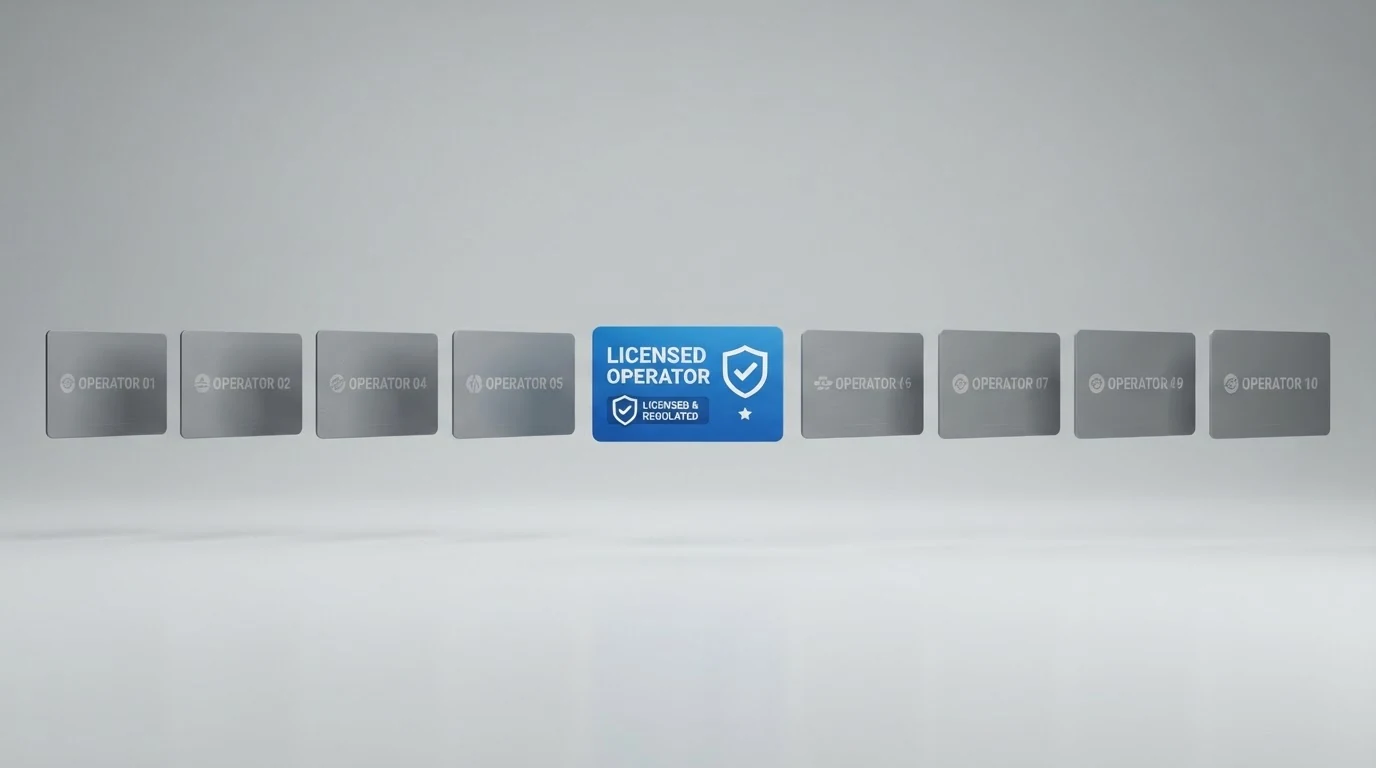 Schematische Übersicht mit zehn Casino-Logos, wovon neun ausgegraut und nur eines farbig hervorgehoben ist.