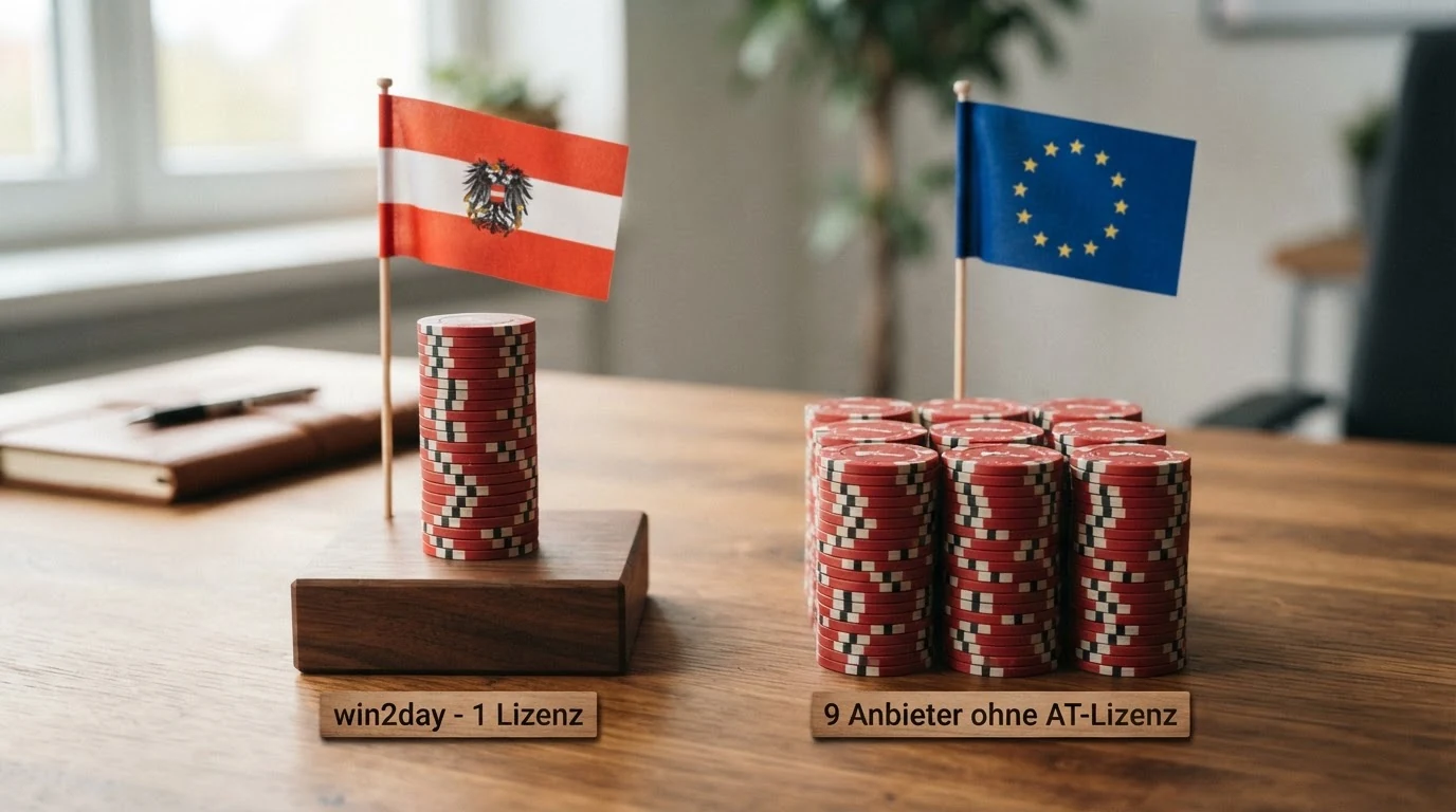 Übersicht der Casino-Lizenzen mit einem Anbieter unter österreichischer Flagge und neun Anbietern ohne AT-Konzession