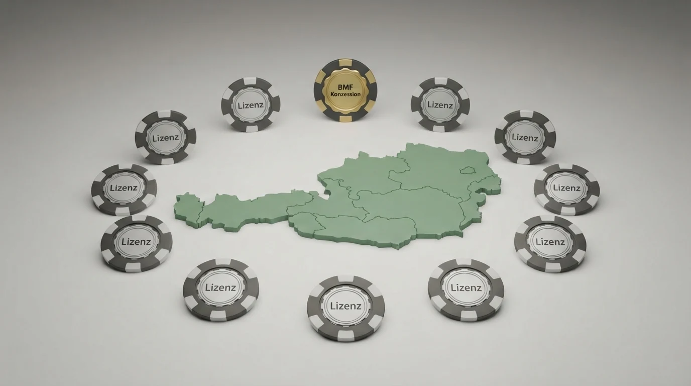 Eine stilisierte Österreich-Karte mit zehn Casino-Logos, von denen neun mit einem MGA- oder Curaçao-Symbol und eines mit dem BMF-Konzessionssiegel markiert sind