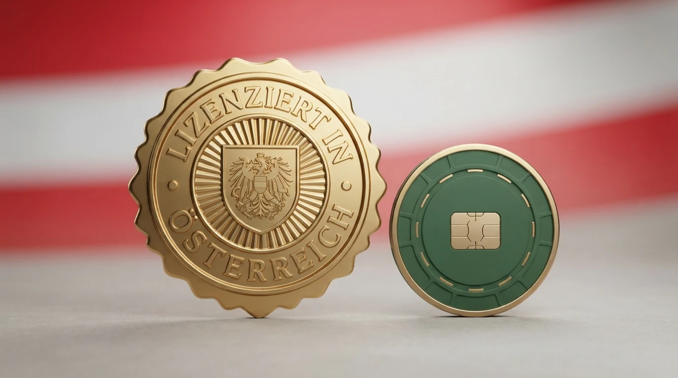 Eine übersichtliche Tabelle oder Kachelansicht mit Casino-Logos, farblich gruppiert nach Lizenzstatus: ein Logo mit „AT-Konzession“-Markierung, die übrigen mit „MGA/EU“-Kennzeichnung