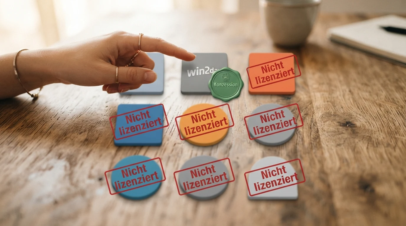 Zehn Casino-Logos im Raster: win2day oben mittig mit grünem „Konzession“-Siegel, die übrigen neun Logos darunter mit rotem „Nicht lizenziert“-Stempel