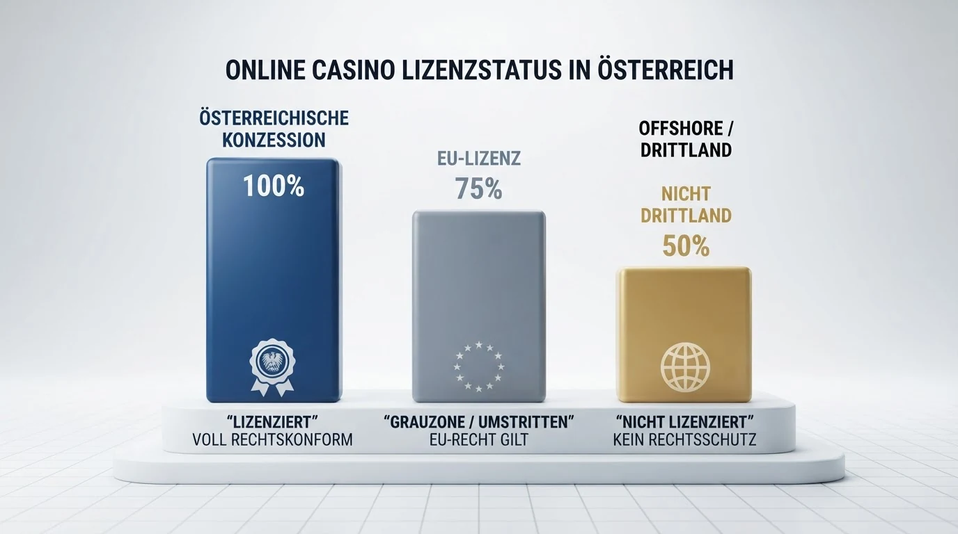 Übersicht österreichischer Glücksspiel-Lizenzstatus mit Symbolen für konzessionierte, EU-lizenzierte und nicht lizenzierte Betreiber
