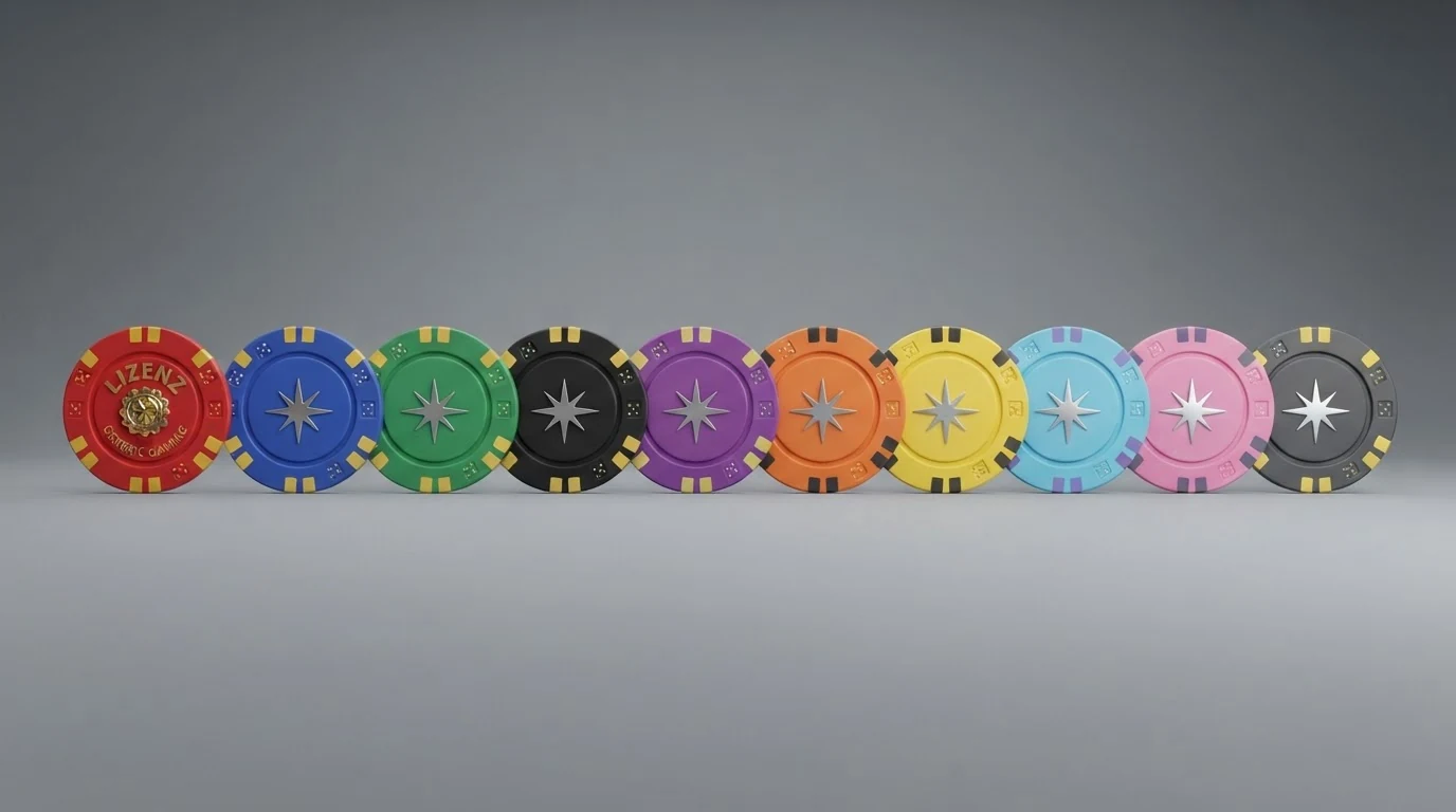 Zehn Casino-Logos nebeneinander, davon eines mit BMF-Kennzeichnung, die übrigen neun mit MGA-Symbol