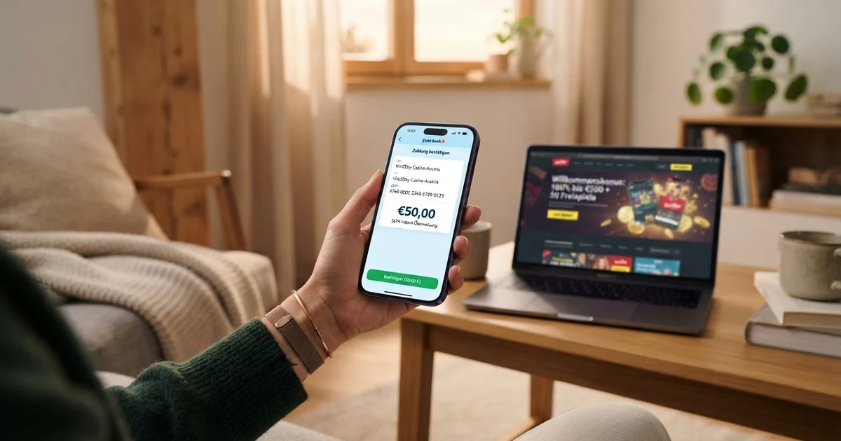 Smartphone-Bildschirm mit geöffneter Banking-App, die eine SEPA-Echtzeitüberweisung an eine Casino-IBAN anzeigt, im Hintergrund eine Casino-Startseite mit Willkommensbonus