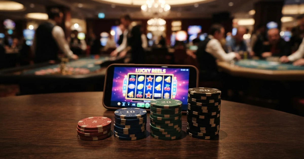 Vier Münzstapel in aufsteigender Größe — 1 Cent, 10 Cent, 1 Euro — auf einem Spieltisch vor einem Slot-Bildschirm mit sichtbaren Gewinnlinien
