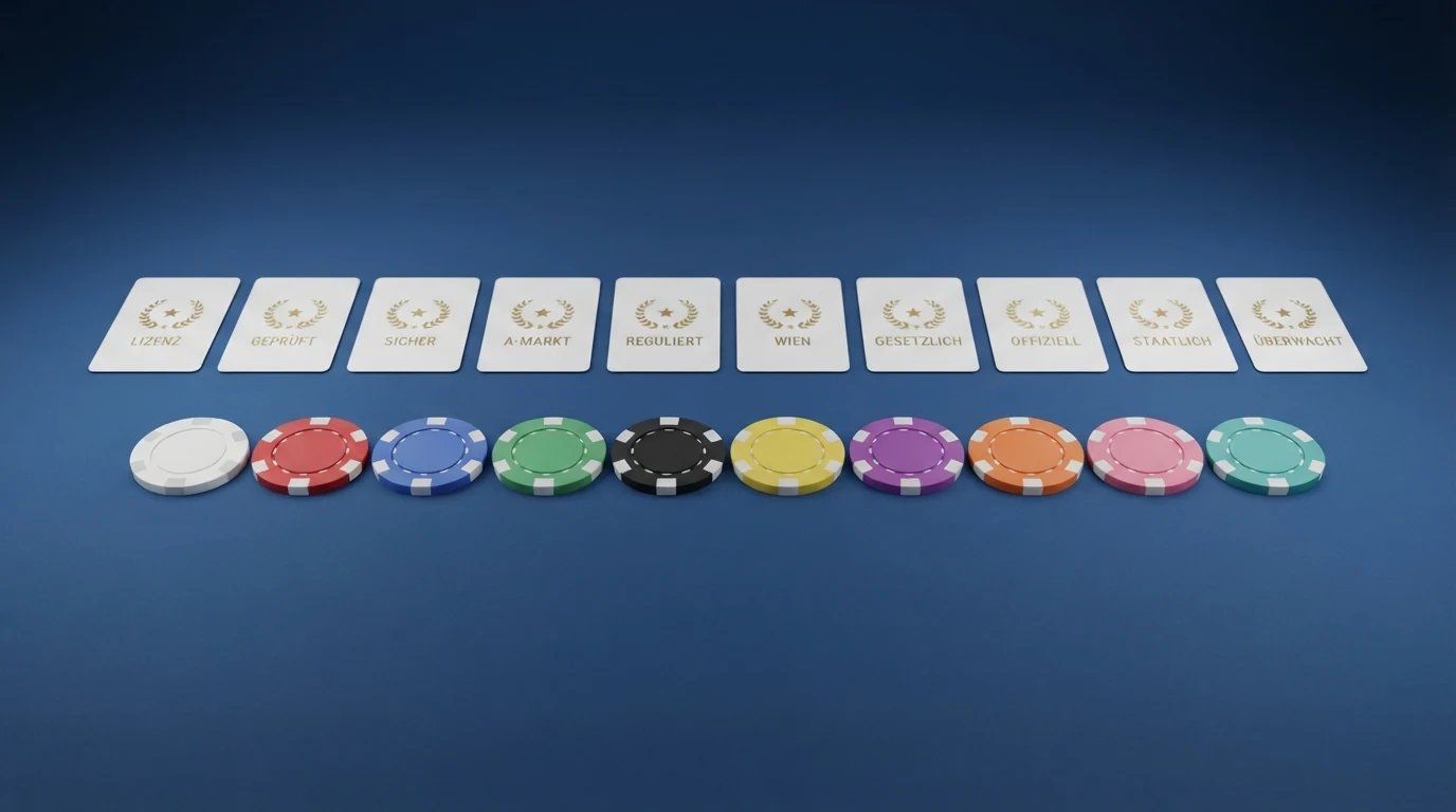 Zehn Casino-Logos in einer Vergleichstabelle, ein Logo mit dem Label „Österreichische Konzession“ hervorgehoben