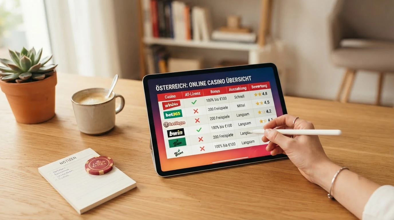 Eine tabellarische Übersicht mit Casino-Logos, daneben die Schlüsselwerte Freispiele, Umsatzbedingung und AT-Lizenzstatus als farbcodierte Zeilen