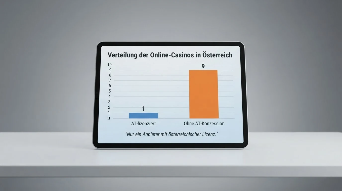 Eine tabellarische Übersicht mit Casino-Logos, bei der eine Zeile farblich als „AT-lizenziert“ hervorgehoben und alle anderen als „ohne AT-Konzession“ markiert sind