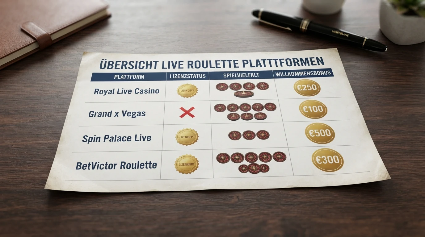 Eine strukturierte Vergleichstabelle mit Casino-Logos, Lizenzsymbolen und farblich abgesetzten Bewertungsspalten