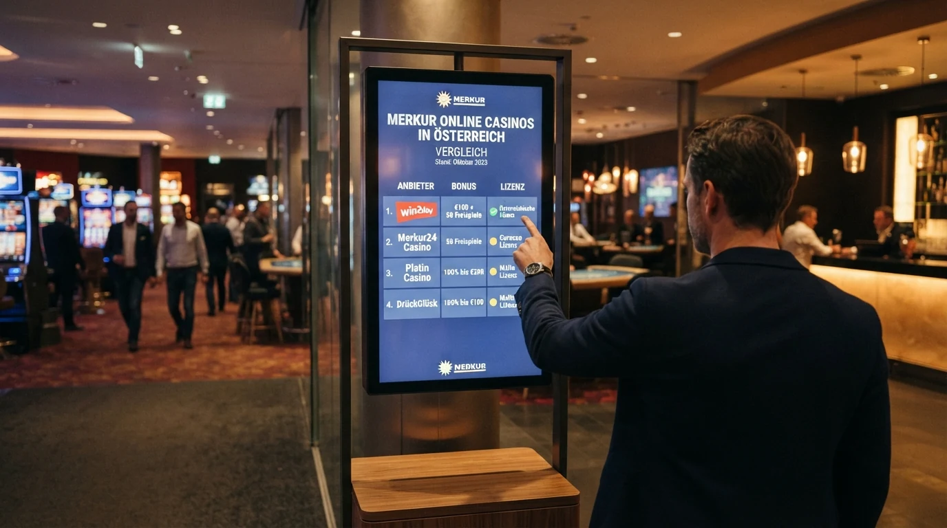Vergleichstabelle mit zehn Merkur-Casinos, farblich markiertem Konzessionsstatus und Bonusangaben