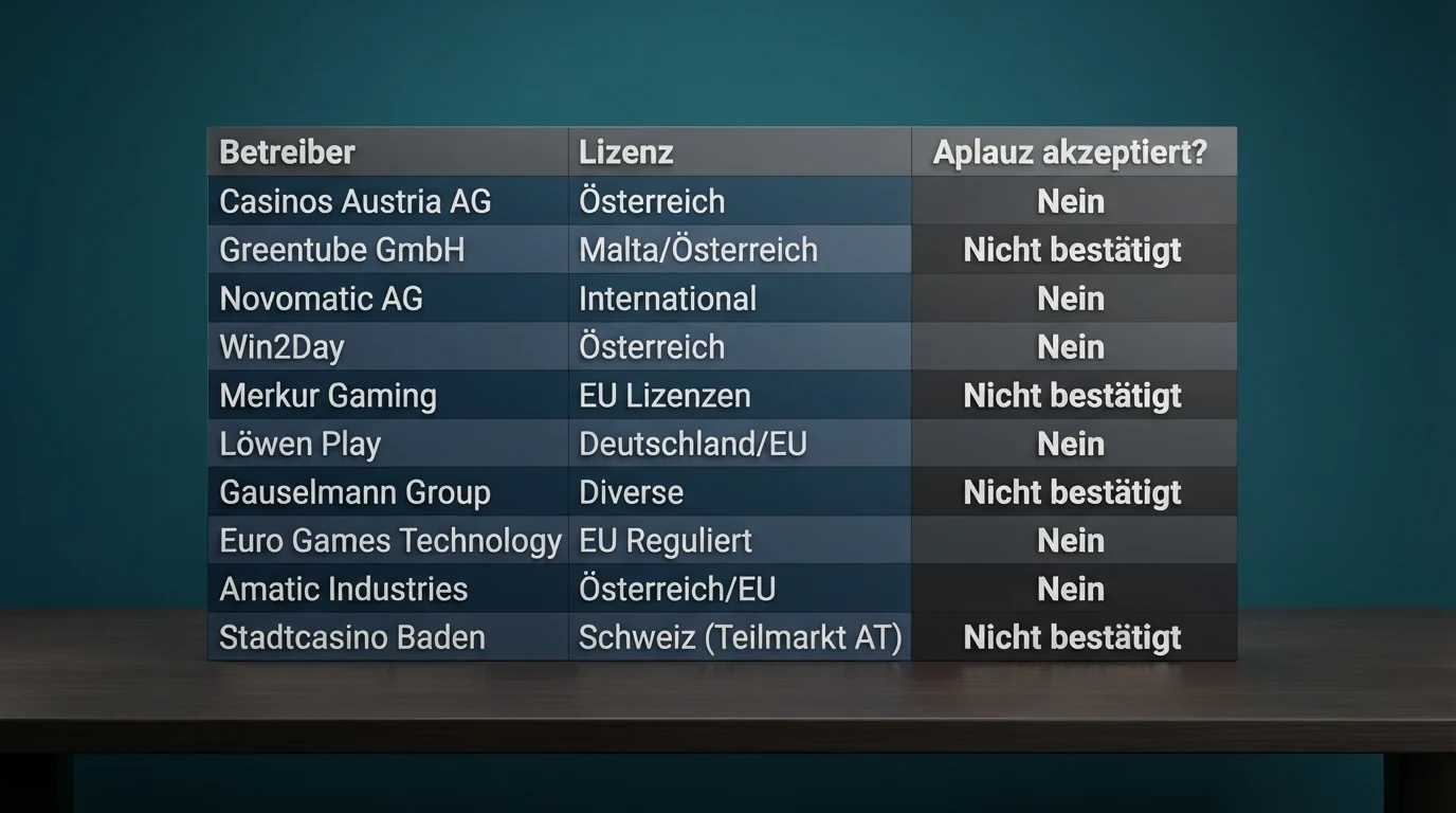 Übersichtliche Vergleichstabelle mit den zehn größten Online-Casino-Anbietern in Österreich, ihren Lizenzen und Aplauz-Status