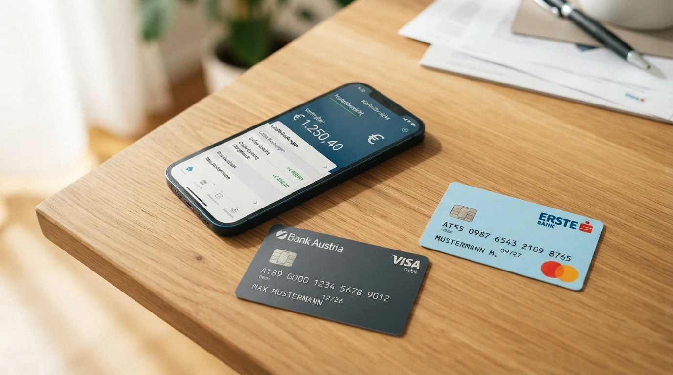 Drei nebeneinander liegende Zahlungsmittel auf einem Tisch: eine Kreditkarte, eine Bankkarte und ein Smartphone mit geöffneter PayPal-App