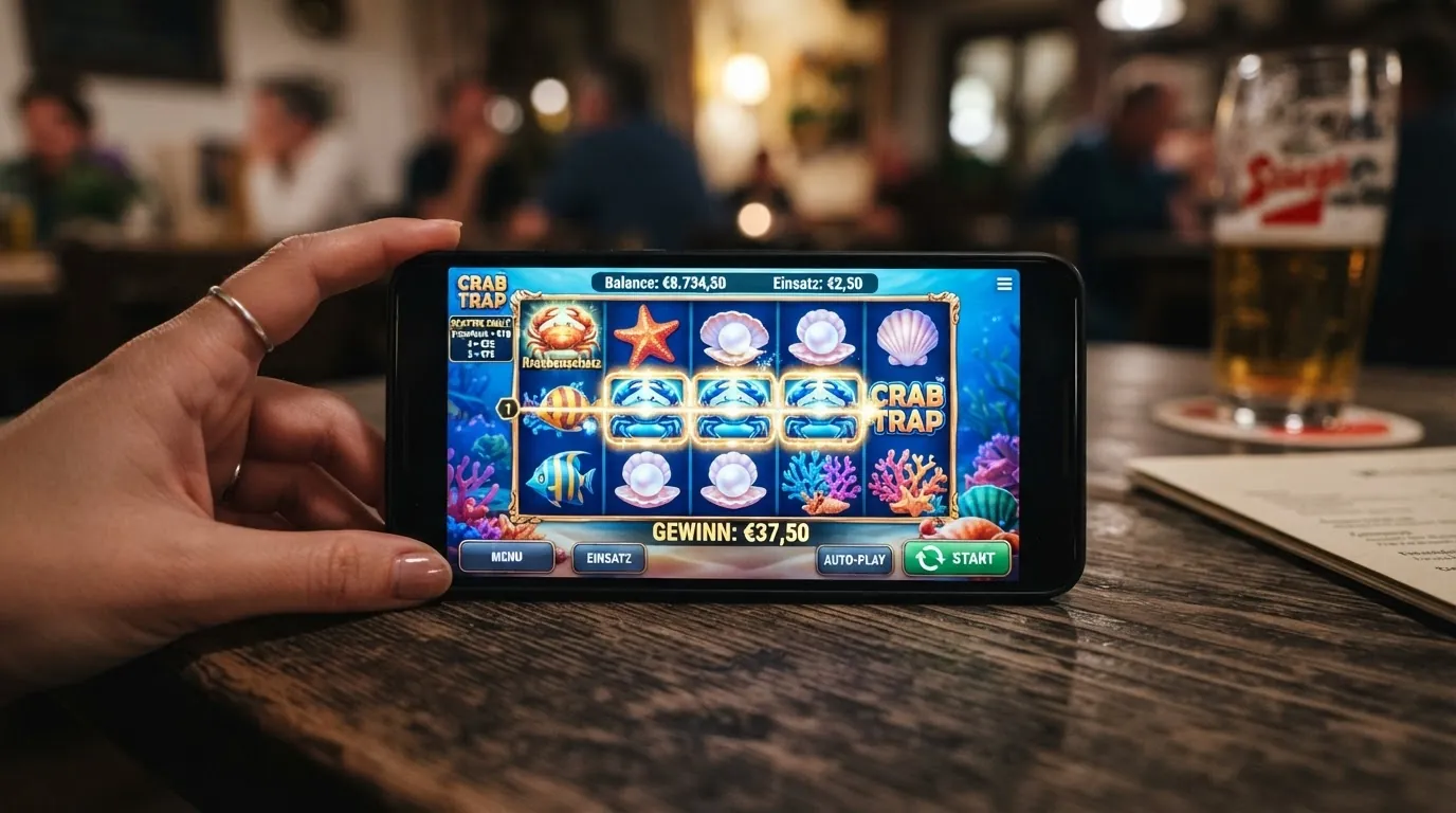 Der Spielbildschirm des Crab-Trap-Spielautomaten mit Krebs-, Muschel- und Perlensymbolen auf den Walzen, einer Gewinnlinie und der Scatter-Pays-Anzeige