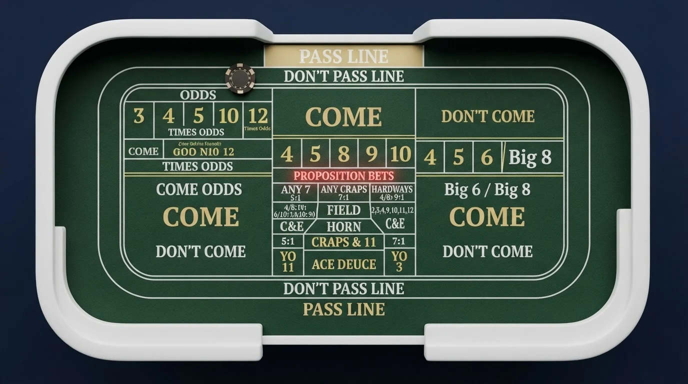 Schematische Draufsicht eines Craps-Tisches mit farblich markierten Wettzonen für Pass Line, Come, Odds, Place Bets und Proposition Bets