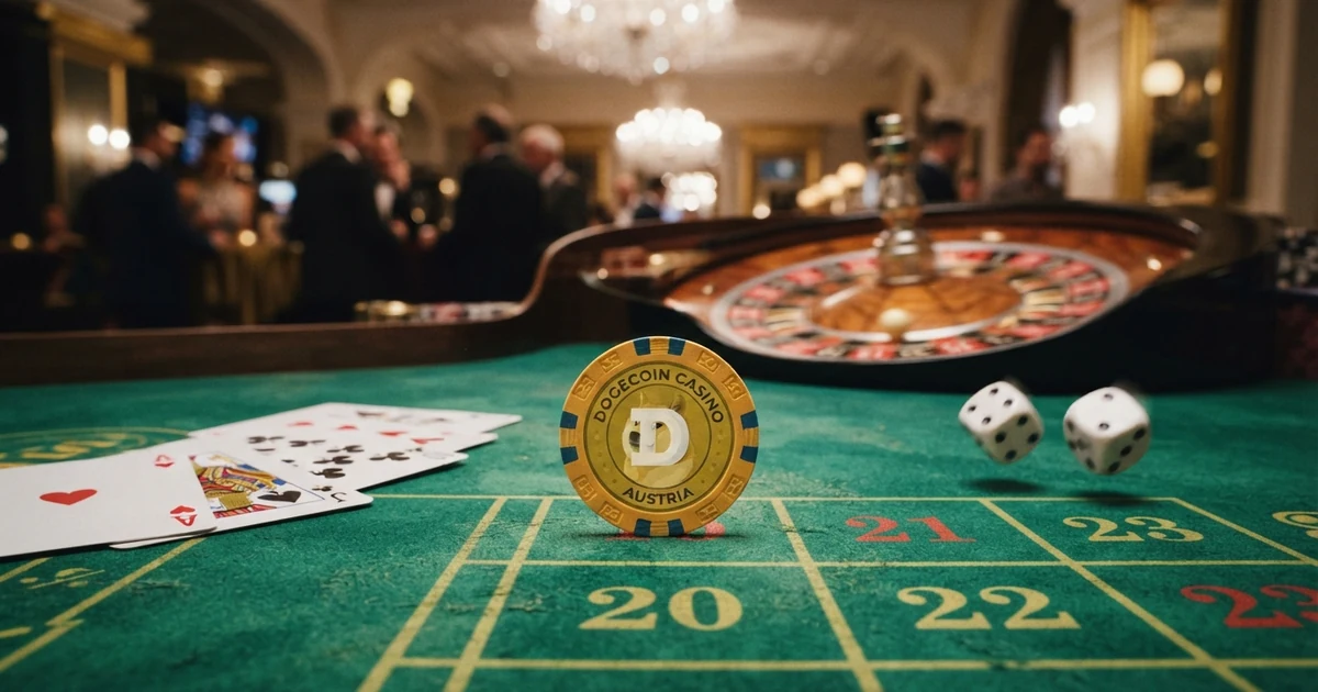 Eine goldene Dogecoin-Münze auf einem grünen Filz-Casino-Tisch, umgeben von Spielkarten und einem Roulette-Kessel