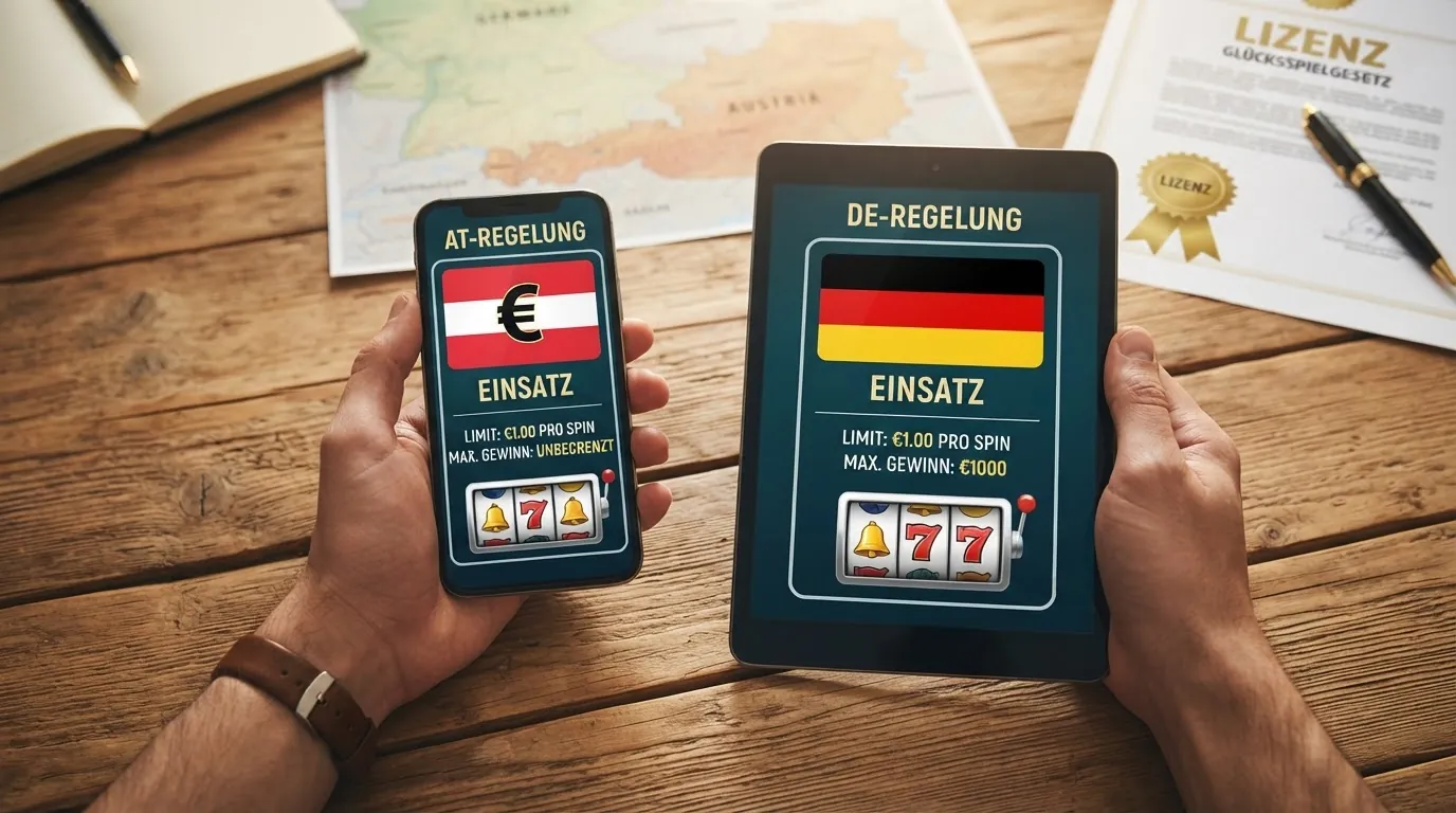 Schematische Gegenüberstellung der Einsatzregelungen in Österreich und Deutschland mit Gesetzestext-Auszügen aus GSpG und GlüStV
