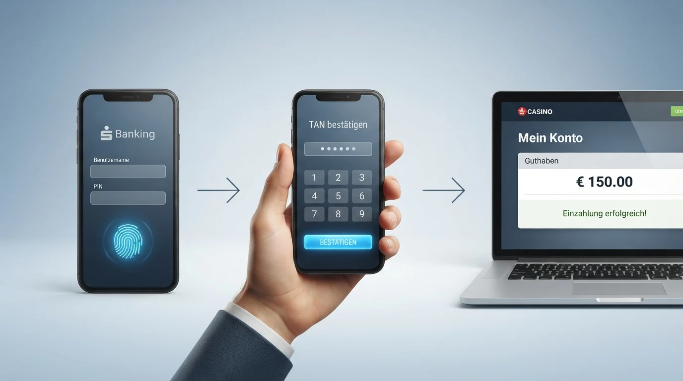 Eine grafische Schritt-für-Schritt-Darstellung: Online-Banking-Login, TAN-Eingabe auf dem Handy, Bestätigungsbildschirm eines Casino-Kontos mit dem eingezahlten Guthaben. Die drei Stationen sind durch Pfeile verbunden.