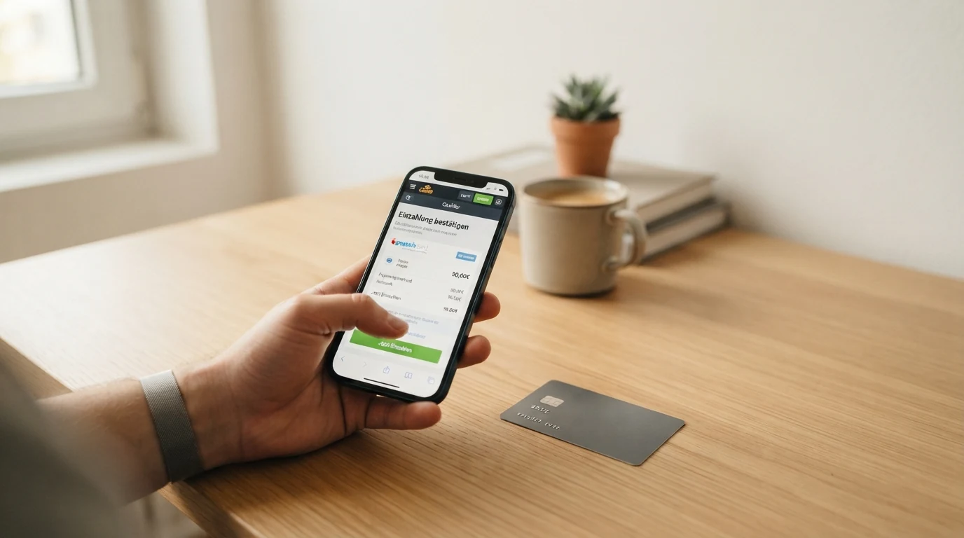 Der Kassenbereich eines Online Casinos mit ausgewählter Paysafecard-Option und ein Smartphone mit geöffneter myPaysafe-App daneben