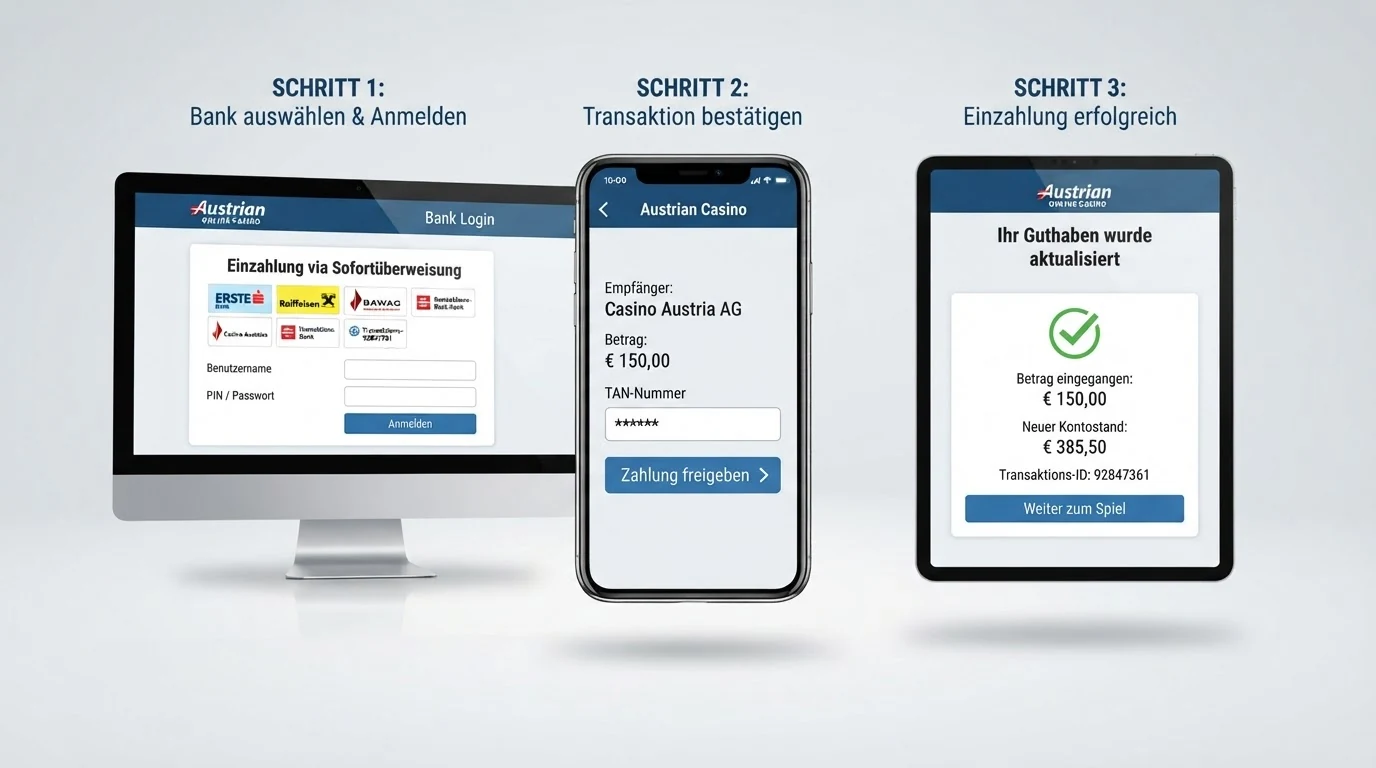 Dreistufige schematische Darstellung: Bank-Login mit PIN, TAN-Freigabe auf dem Smartphone, Casino-Guthaben-Bestätigung