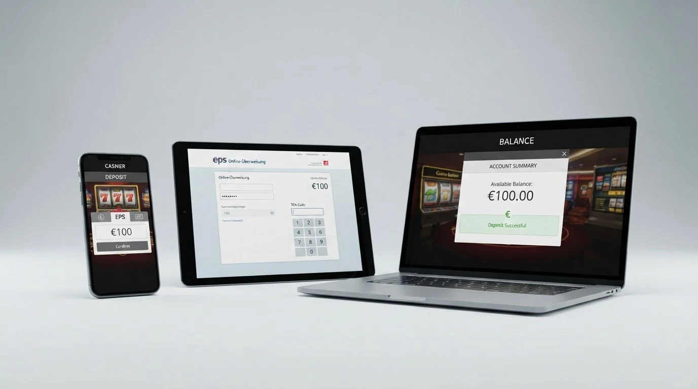 Drei Schritte als grafische Sequenz: Casino-Kasse mit EPS-Auswahl, Online-Banking-Login mit TAN-Eingabe, Spieloberfläche mit sofort gutgeschriebenem Guthaben