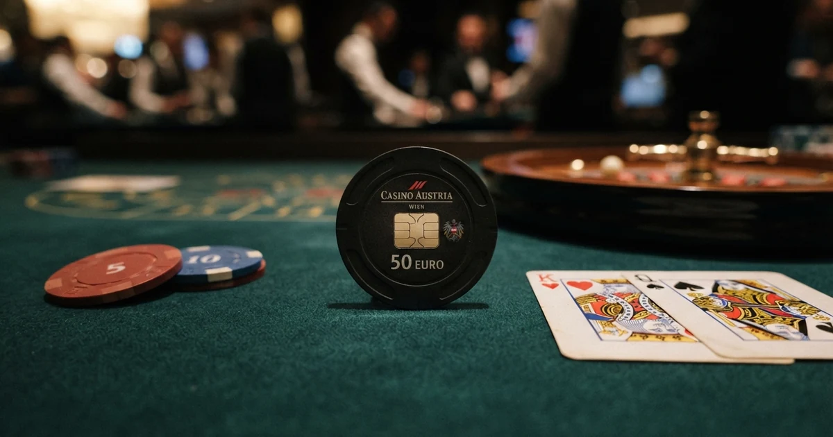 Eine Ethereum-Münze auf einem virtuellen Casino-Tisch mit Spielkarten, Roulette-Rad und Poker-Chips