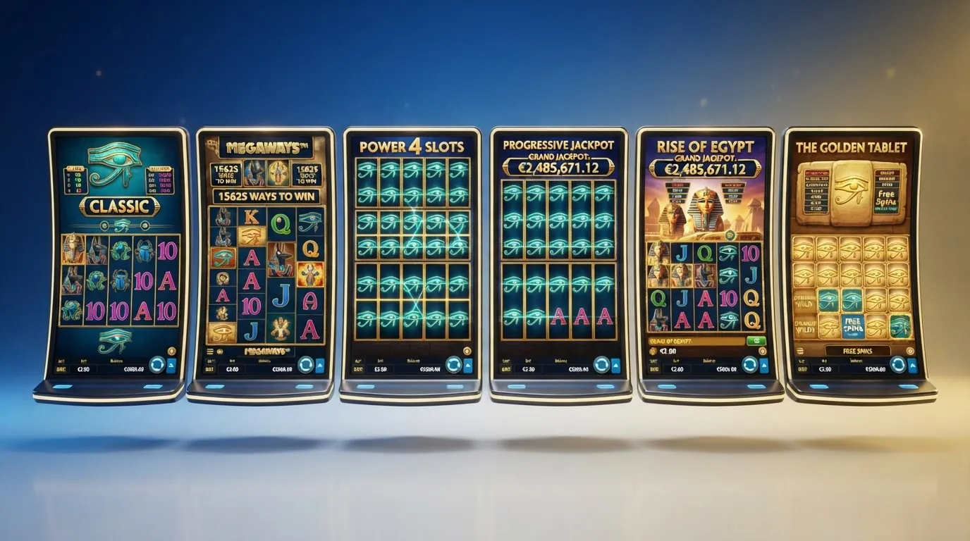 Sechs Spielautomaten-Bildschirme der Eye-of-Horus-Varianten nebeneinander mit unterschiedlichen Walzenlayouts und Gewinnwegen