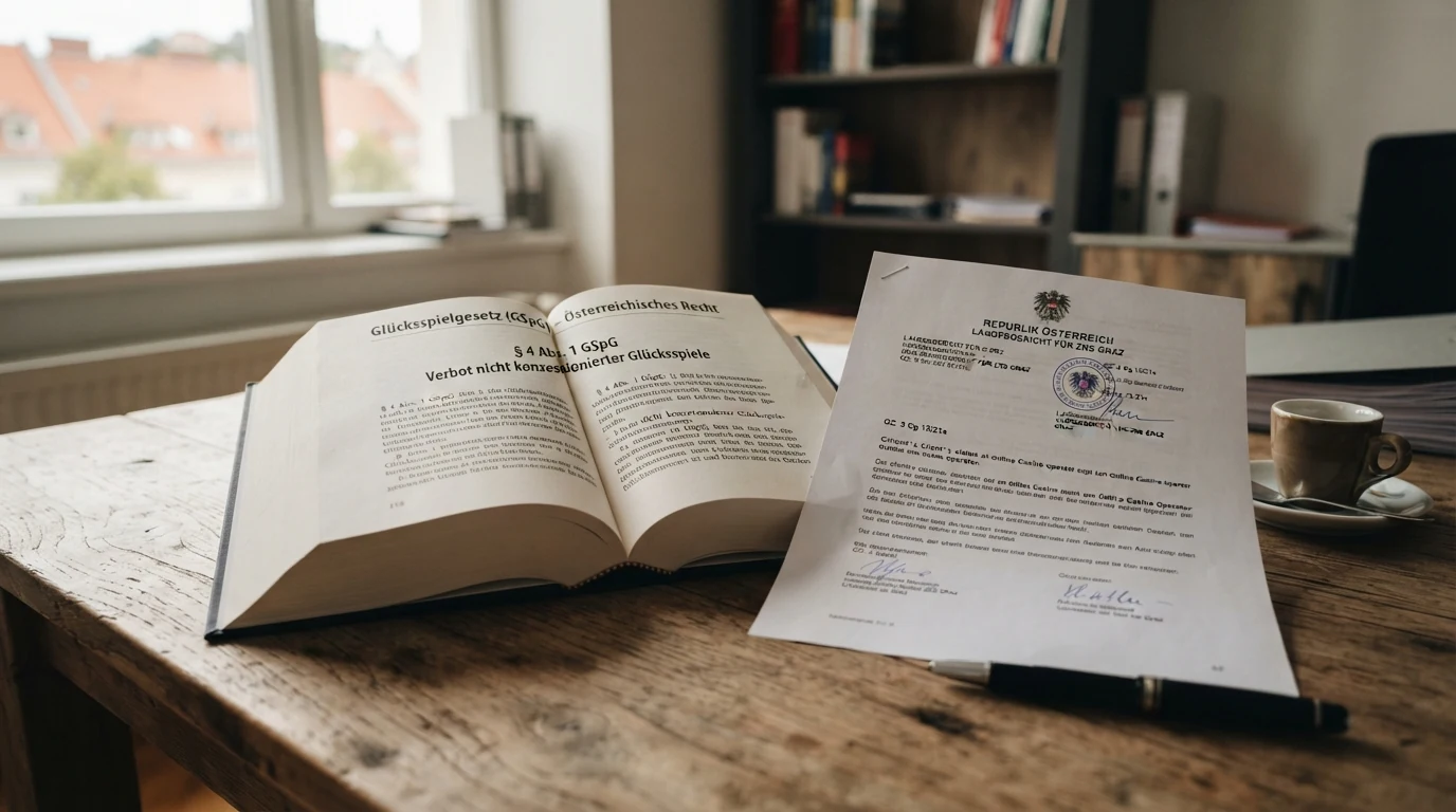 Ein aufgeschlagenes österreichisches Gesetzbuch mit sichtbarem Paragrafen-Zeichen, daneben das Wappen der Republik Österreich auf einem offiziellen Dokument