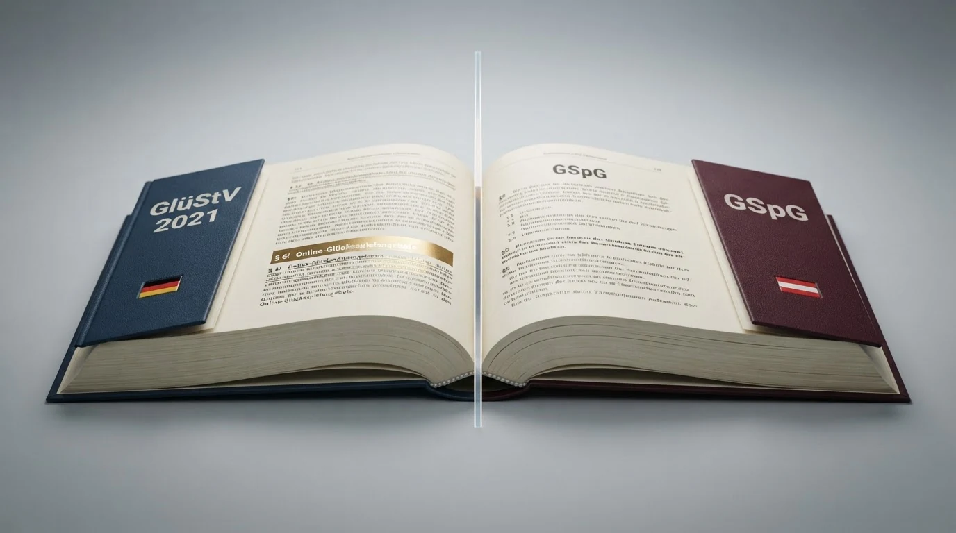 Zwei Gesetzestexte nebeneinander: links „GlüStV 2021“ mit hervorgehobenem §6i, rechts „GSpG“ ohne entsprechenden Paragrafen; dazwischen die österreichische Staatsgrenze als Trennlinie