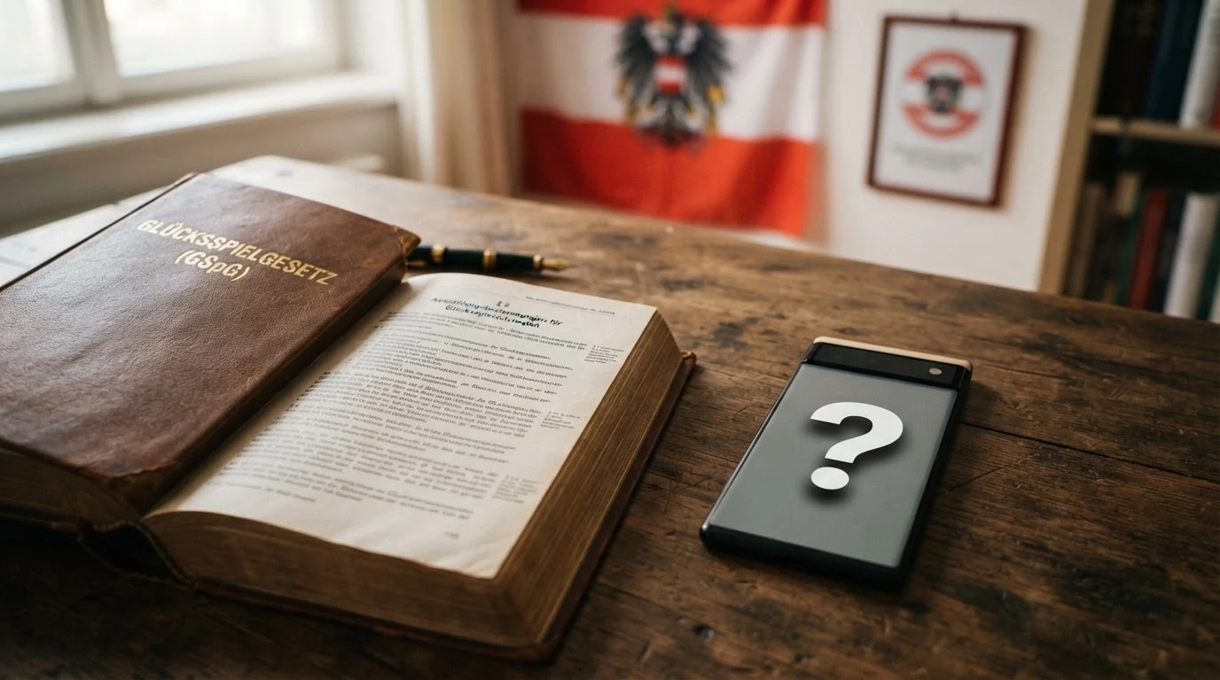 Ein aufgeschlagenes Gesetzbuch mit dem Glücksspielgesetz, daneben ein leerer Bildschirm mit der Frage „Online?“, der die Regulierungslücke symbolisiert