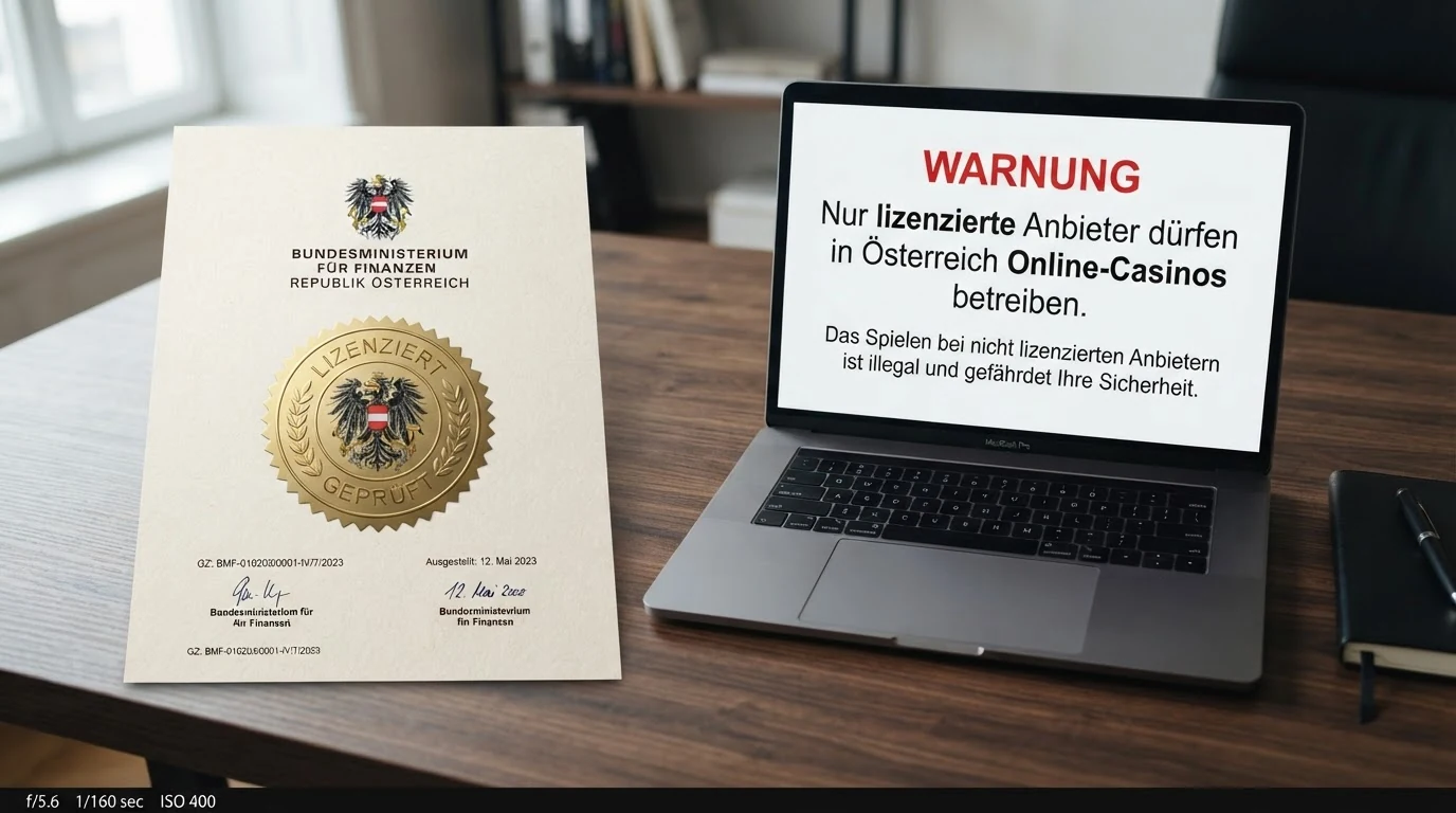 Das offizielle Siegel der österreichischen Glücksspielbehörde BMF neben einer Warnmeldung auf einem Bildschirm