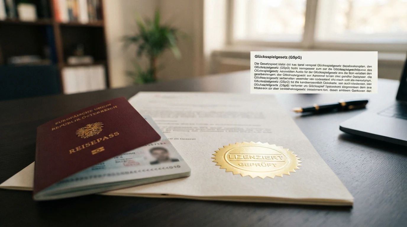 Ein österreichischer Reisepass neben einem Paragrafen-Symbol und dem EU-Fahnenkreis, im Hintergrund eine Gesetzestext-Seite