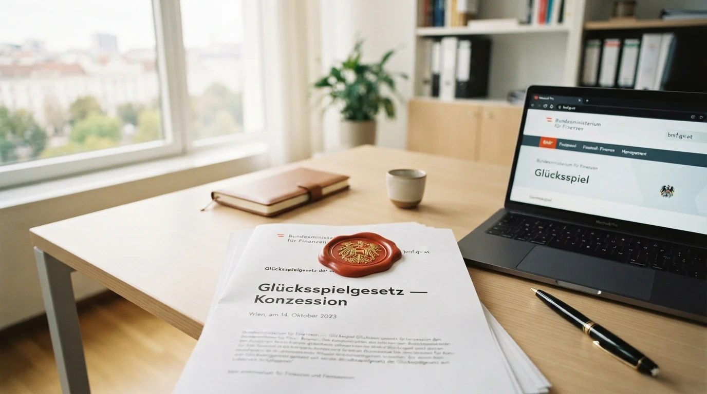 Das offizielle österreichische Bundeswappen vor dem Bundesministerium für Finanzen, daneben ein abgeschirmtes Dokument mit der Aufschrift „Glücksspielgesetz — Konzession“