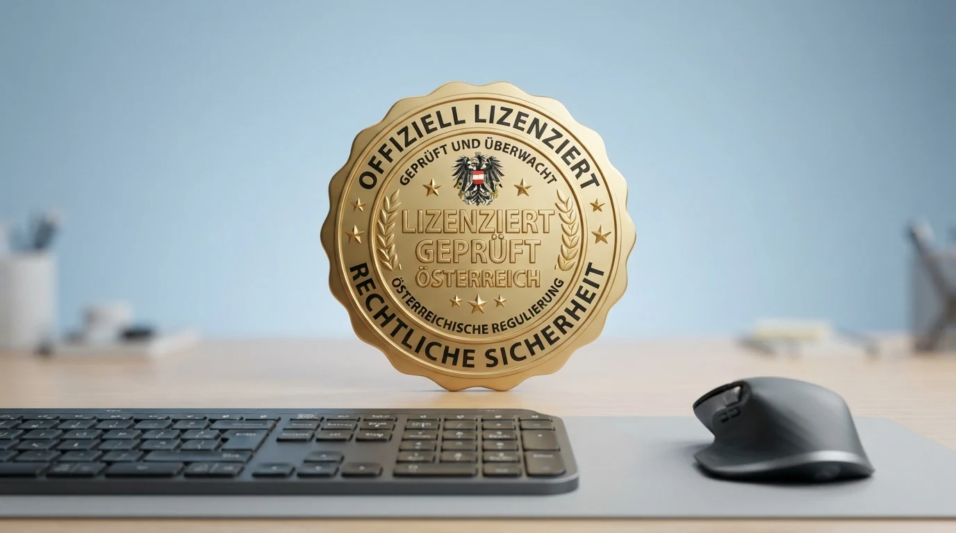 Nahaufnahme eines österreichischen Amtsdokuments mit Siegel neben einer Tastatur