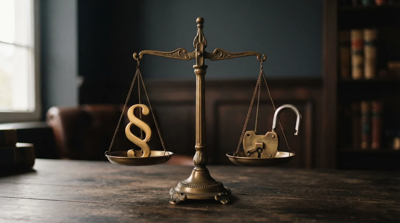 Eine Messingwaage im Vordergrund vor einem dunklen Hintergrund: In der linken Schale liegt ein Paragraph-Symbol, in der rechten ein geöffnetes Vorhängeschloss.
