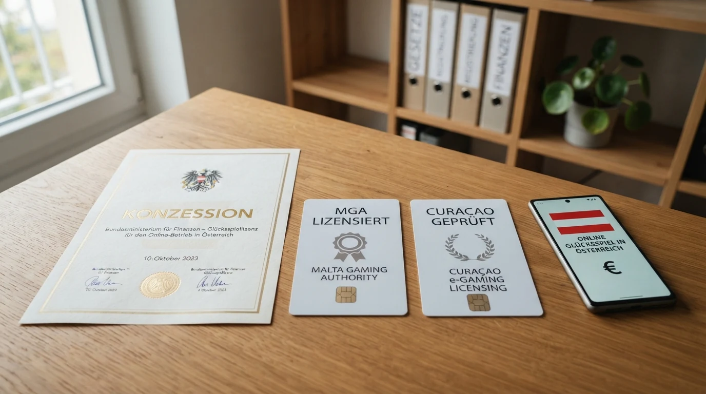 Ein offiziell wirkendes Dokument mit dem Bundesadler und dem Schriftzug „Konzession“ neben dem win2day-Logo, dazu MGA- und Curaçao-Lizenzmarken mit Fragezeichen