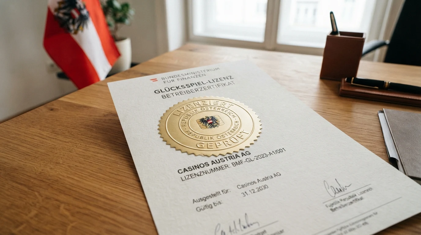 Amtliches österreichisches Dokument oder Hoheitszeichen mit Bezug zur Glücksspielaufsicht, daneben das win2day-Logo als einzigem Konzessionär