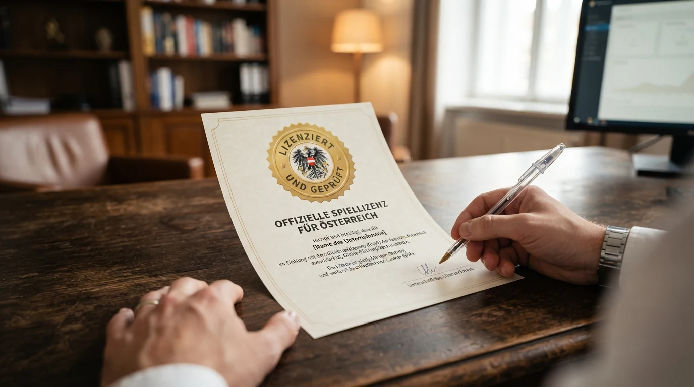 Offizielles Dokument oder Zertifikat mit dem Schriftzug „Konzession" und dem österreichischen Bundeswappen, auf einem Schreibtisch liegend